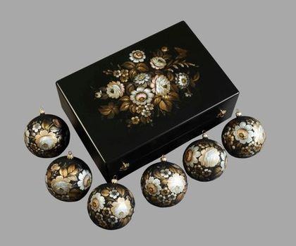 Zhostovo Christmas balls in wooden box - set of 6 balls SET04D-667785786