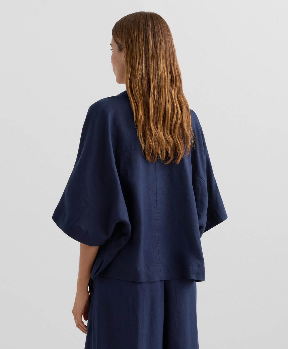 Oysho Рубашка свободного кроя с коротким рукавом из 100% льна, военно-морской