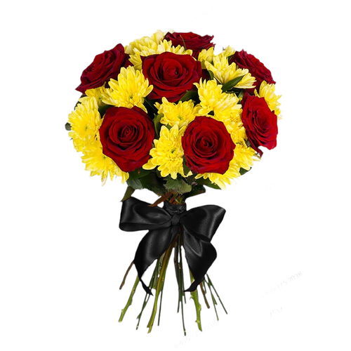 Букет «8 красных роз, жёлтые хризантемы»