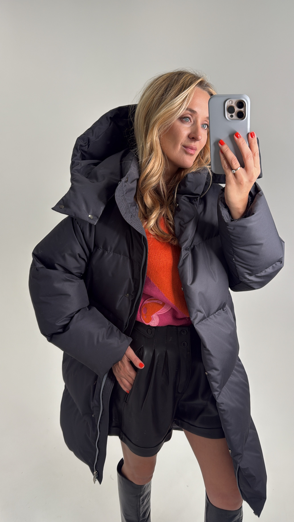 NEW❤️ MIDI пуховик с объемным капюшоном, DARK GREY🌚🌚🌚