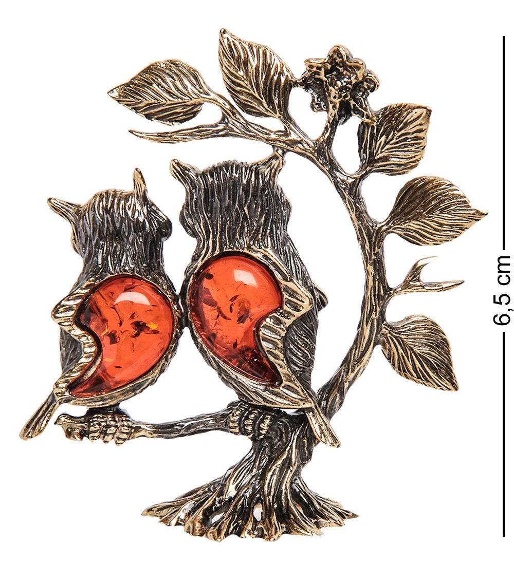 Народные промыслы AM- 222 Фигурка «Совушки подружки на дереве» (латунь, янтарь)