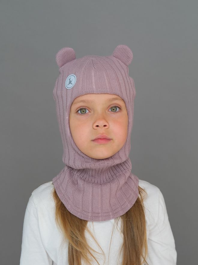 Шлем весенний/осенний вязаный (Пудра) с ушками МИО