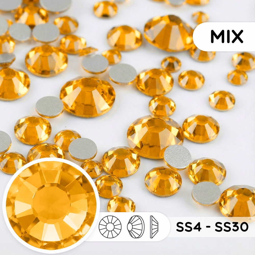 Стеклянные стразы холодной фиксации “Topaz” — микс размеров SS4–SS30