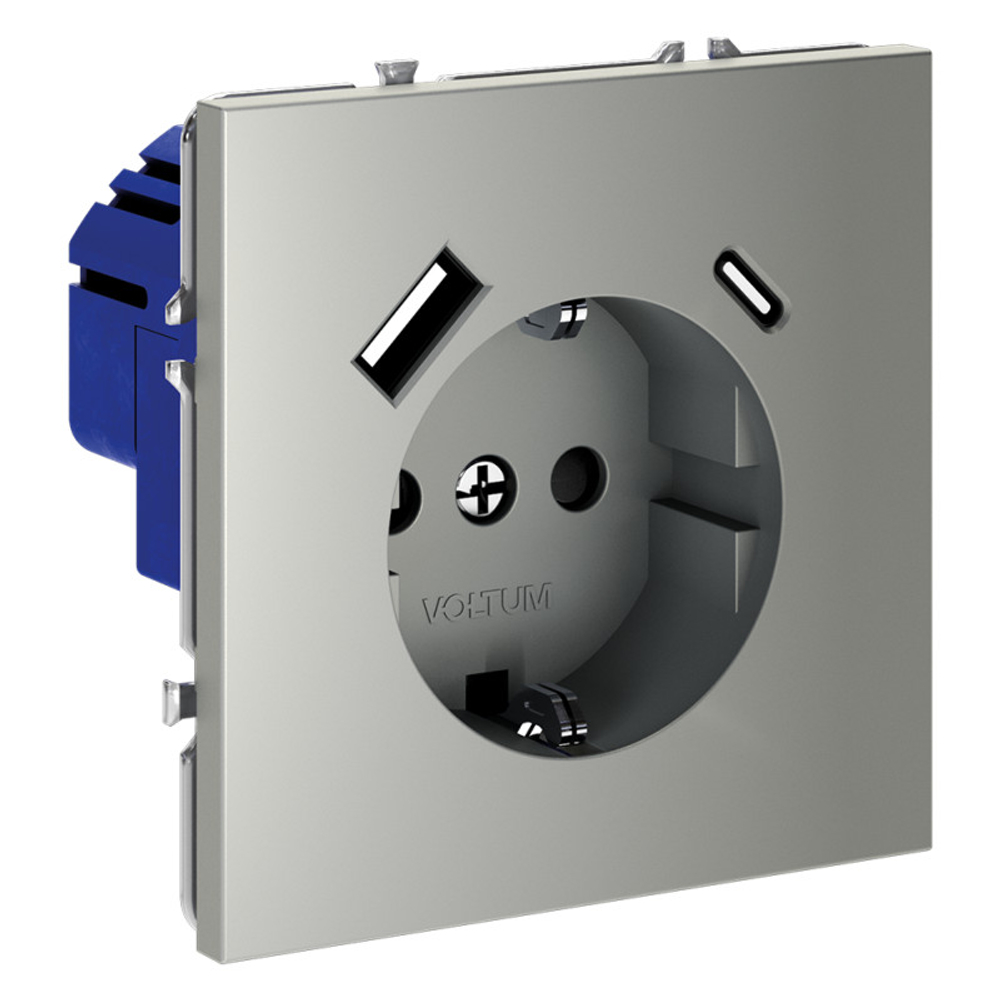 Розетка встраиваемая VOLTUM S70 с заземлением и защитными шторками, 16А, с USB, A+С, (сталь)