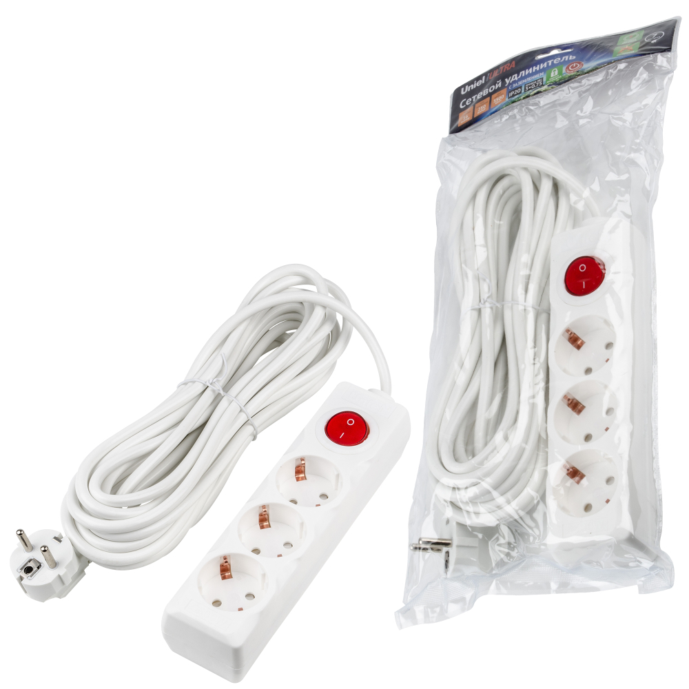 S-GCU3-7B WHITE Удлинитель серии Ultra, шнур 7м., 3 гнезда, 16A, с/з. Белый. TM Uniel