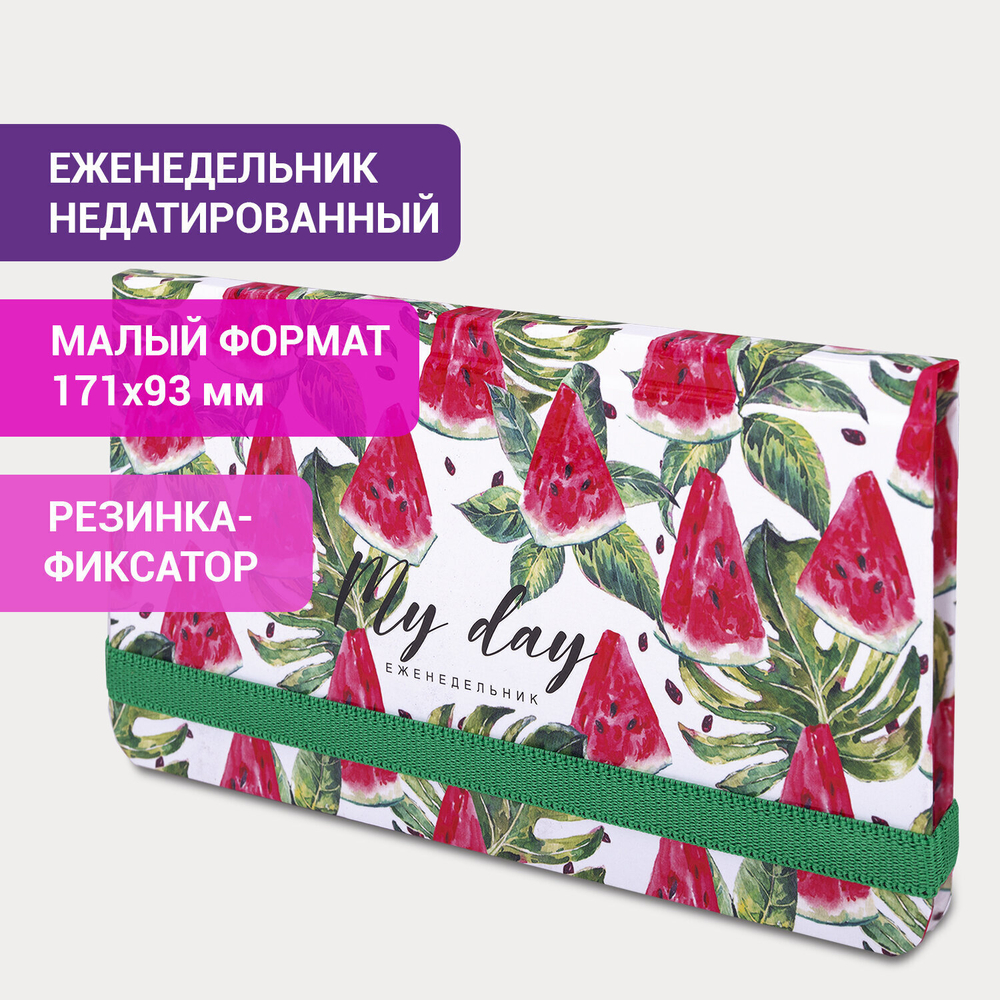 Еженедельник недатированный с резинкой (171х93 мм) BRAUBERG твердый УФ-ЛАК 64 л. "Watermelon" (6 штук в упаковке)