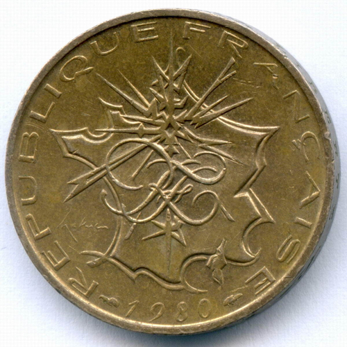 10 франков 1980 год. Франция. Медь-алюминий-никель, диаметр 26 мм. VF-XF