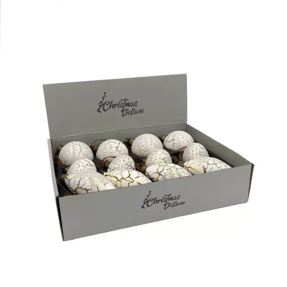 Набор стеклянных украшений Рождественские 80 мм., 12 шт., белый с кракелюром, Christmas DeLuxe (87208)