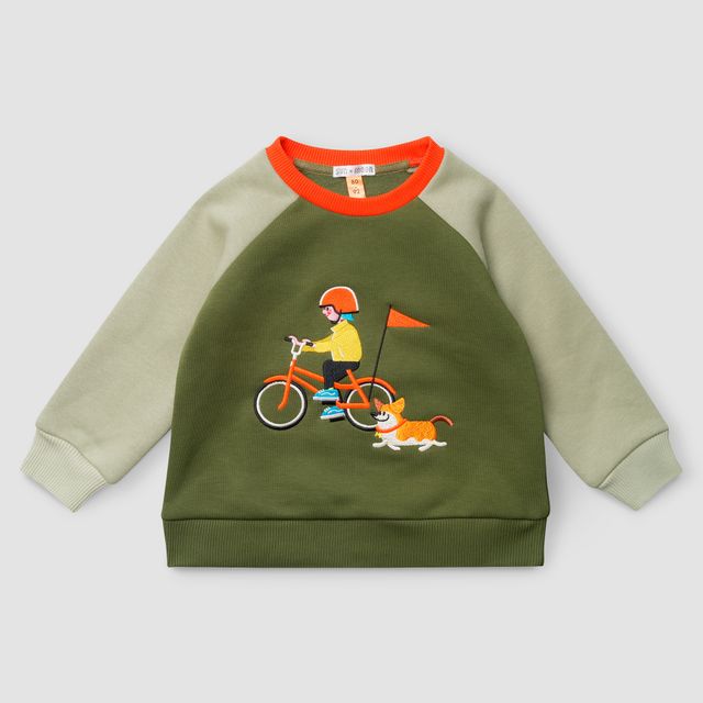 Свитшот мох/хаки "Велосипедист и корги"