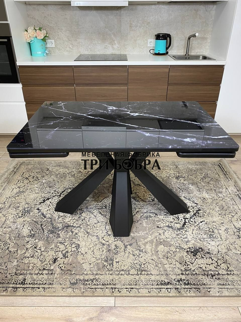Кухонный раздвижной стол "Спайдер", чёрный мрамор