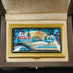 Коллекционная визитница "Зимняя деревенька" №3 с ручной росписью Палех в футляре