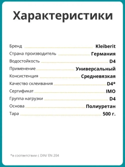 Клей монтажный Kleiberit (Клейберит) 501.0 полиуретановый, D4 0,5кг