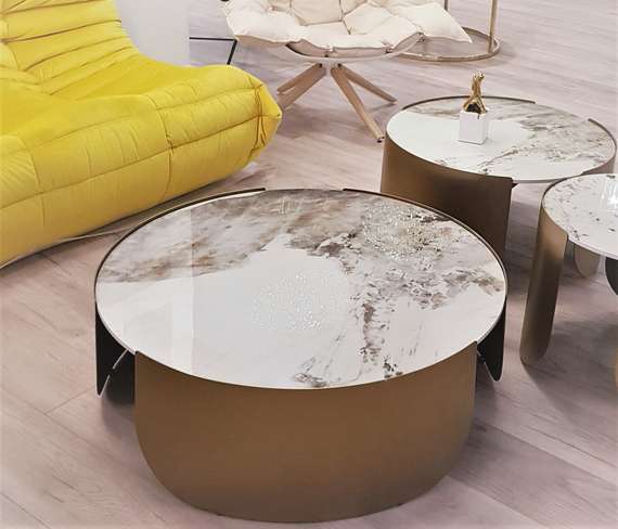 Журнальный столик Stone Antique L, Ø90х30 см, латунь, керамогранит