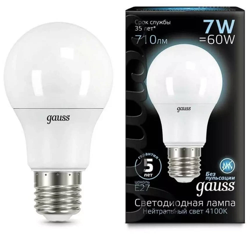 Лампа Gauss LED A60  7W E27 4100K 102502207