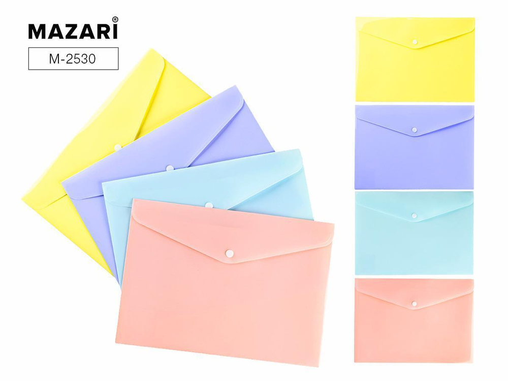 Папка-конверт на кнопке 33.5х23.5см. "Pastel" пластиковая, плотность 180мкм, 4 дизайна (Mazari)