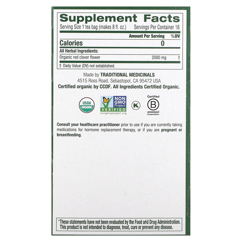 Traditional Medicinals, Органический красный клевер, без кофеина, 16 чайных пакетиков в упаковке, 32 г (1,13 унции)