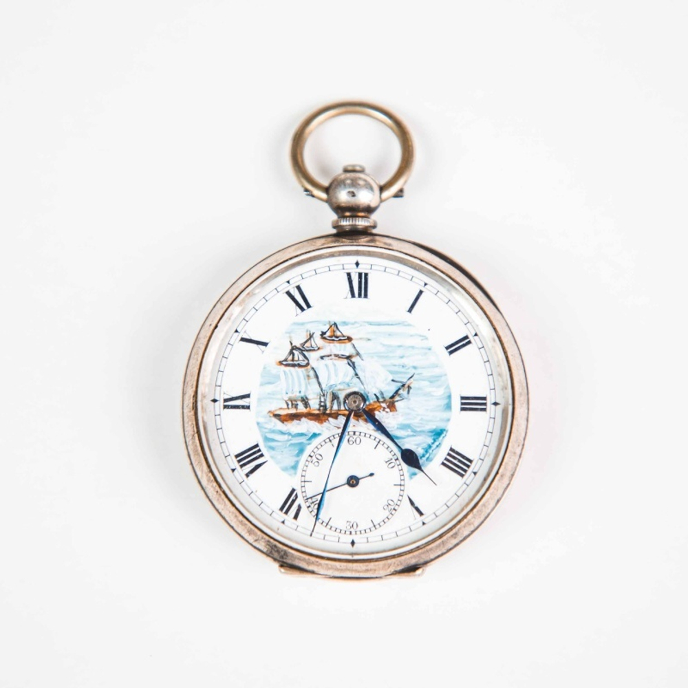Карманные серебряные часы с парусником «A G R»