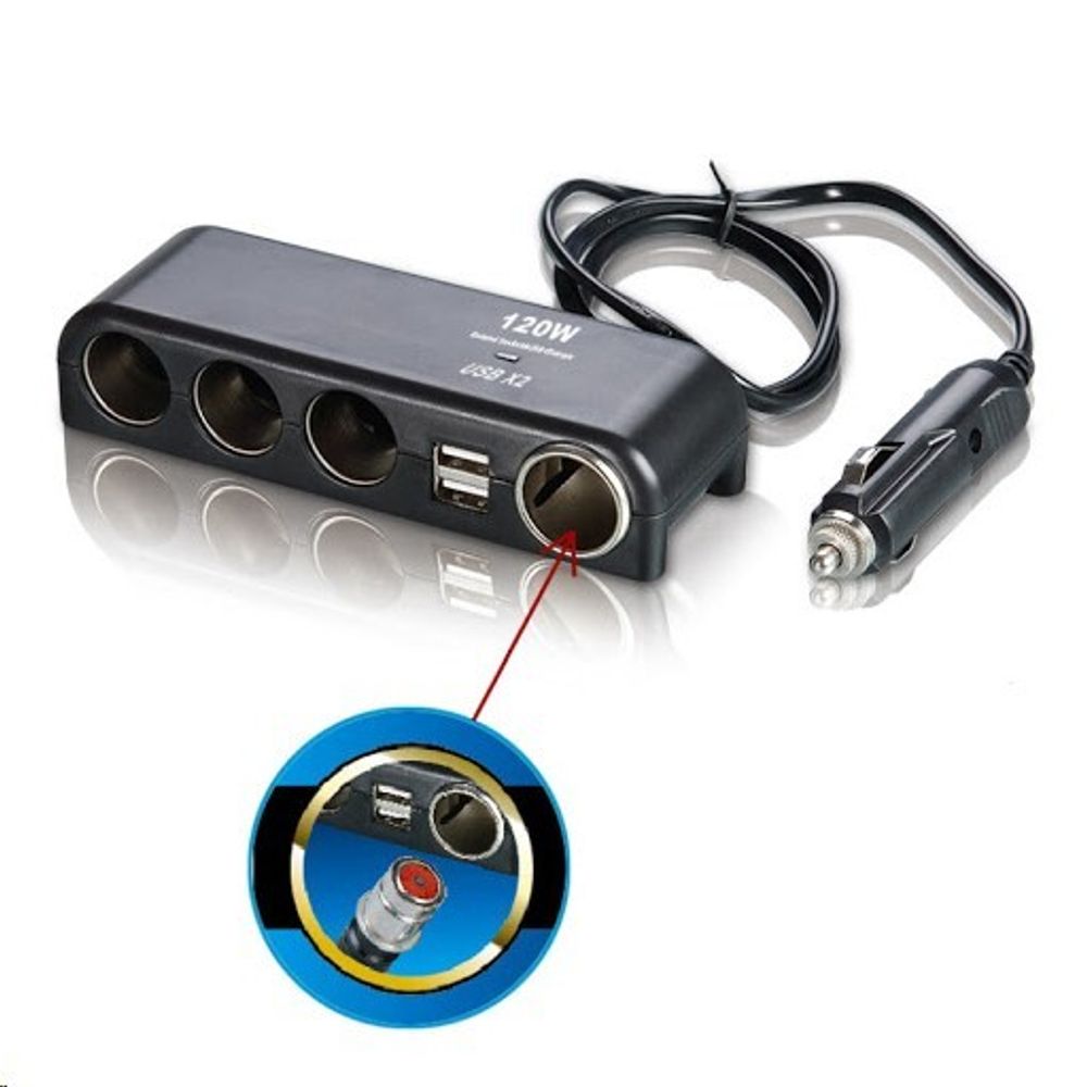 Разветвитель прикуривателя 3 гнезда + 1 гнездо для прикуривателя +  2 USB порта, длинный штекер (Olesson)
