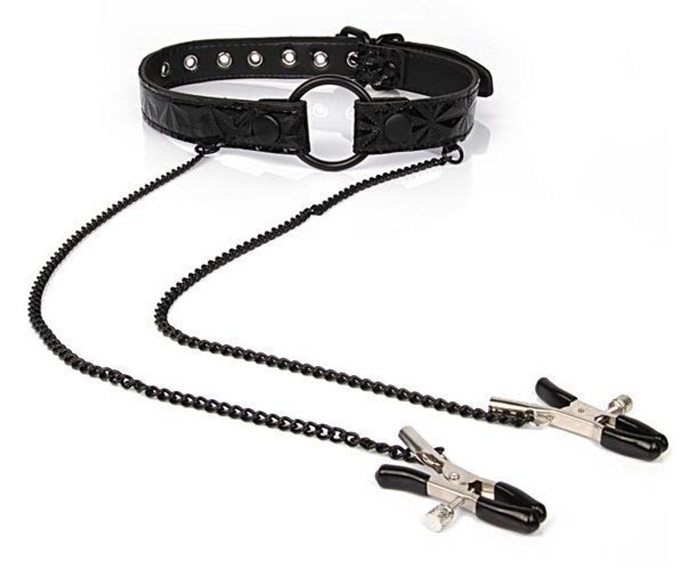 Черный кляп-кольцо с зажимами на соски O Ring Gag With Clips (Цвет: черный)