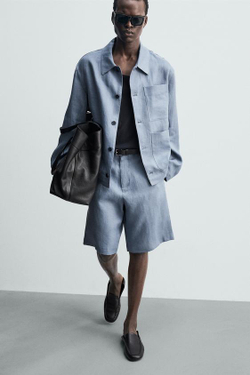 ZARA ШОРТЫ RELAXED FIT ИЗ 100% ЛЬНА, ЛИНЯЛЫЙ СИНИЙ