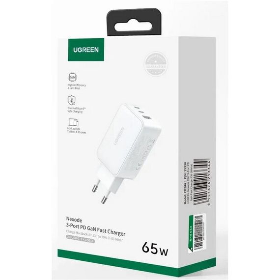 Сетевое зарядное устройство Ugreen CD244 Nexode 65W USB-A + 2 x USB-C GaN (15334) белый