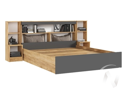 Кровать 1;6м с надстройкой с тумбами Спальня Бася (дуб крафт/графит)
