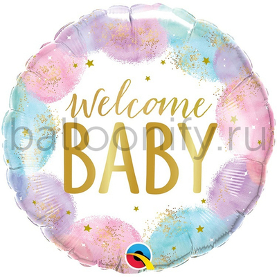 Фольгированная фигура, круг, WELCOME BABY Акварель,18"/45CM