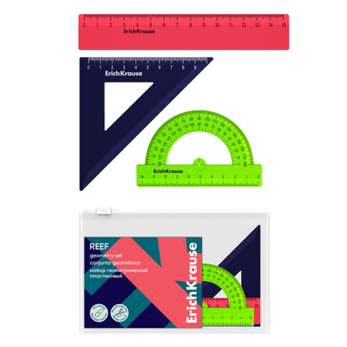 Набор чертежный ЭРИХ КРАУЗЕ Риф (линейка, угольник, транспортир) ассорти (63197)