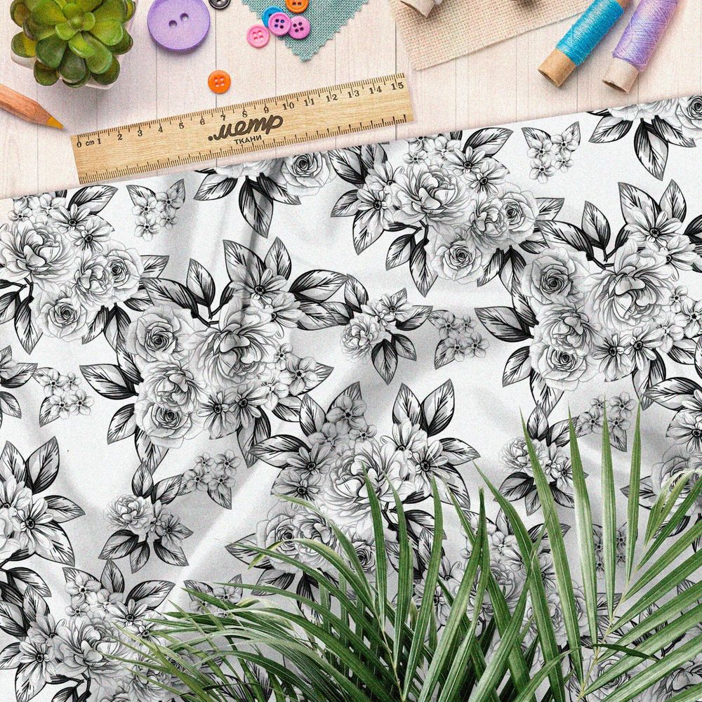 Ткань сатин черно-белые бутоны цветов