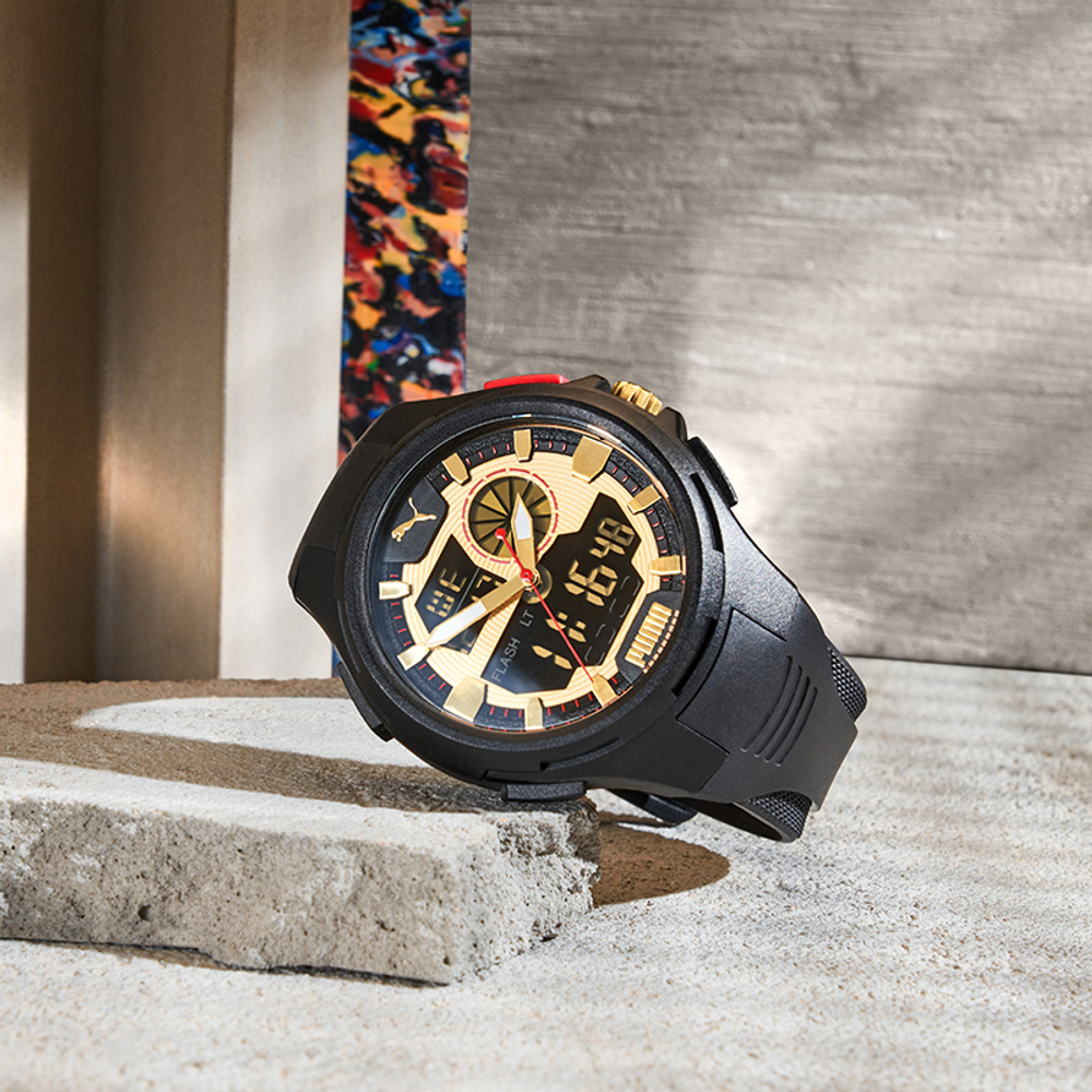 PUMA Wrist Watch Quartz Movement Silicone Strap Gold Dial Men"s Watches P5078