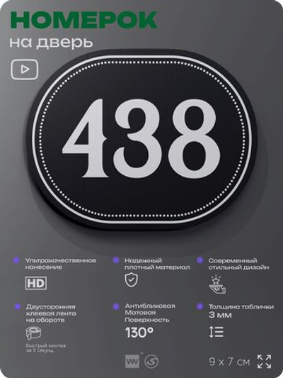 Номерок на дверь квартиры 438, для кабинета, офиса, шильдик 9 х 7 см, черный, Айдентика Технолоджи