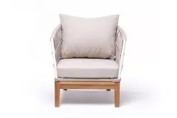 "Диего" кресло плетеное из роупа, основание дуб, каркас алюминий светло-серый (RAL7035) муар, роуп бежевый круглый, ткань бежевая 052