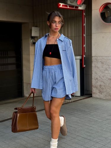 Голубой хлопковый костюм с шортами