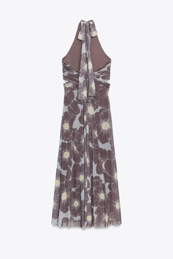 ZARA ДЛИННОЕ ПЛАТЬЕ ИЗ ТЮЛЯ С ПРИНТОМ И ВЫРЕЗАМИ, СЕРО-КОРИЧНЕВЫЙ