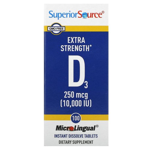 Superior Source, витамин D3, 250 мкг (10 000 МЕ), 100 быстрорастворимых таблеток MicroLingual