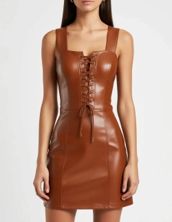 Платье кожаное QOZA, коричневое, р.xs-l