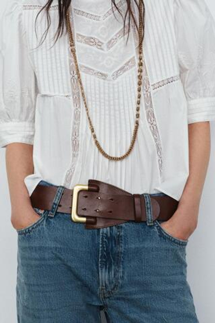 ZARA РЕМЕНЬ ИЗ 100% КОЖИ С ПРЯЖКОЙ-ГВОЗДИКОМ, КОРИЧНЕВЫЙ