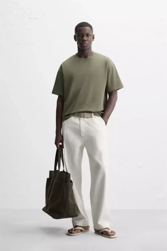 ZARA БАЗОВАЯ ФУТБОЛКА HEAVY WEIGHT, ХАКИ