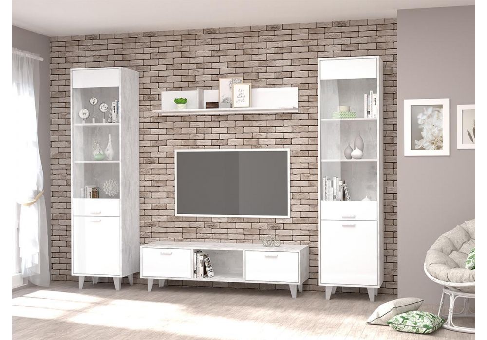 Витрина Эго ПС-1 на ножках бетон светлый / белый глянец