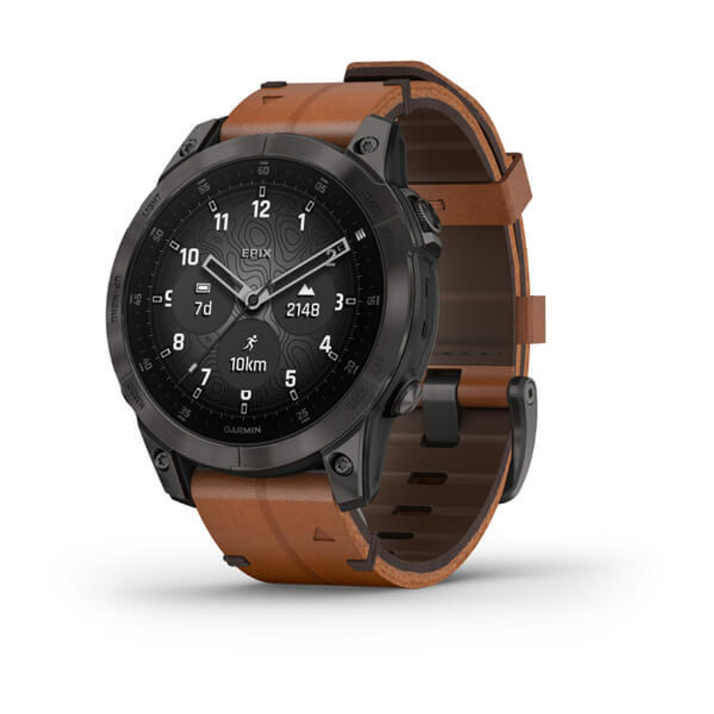 Смарт-часы GARMIN Epix (Gen 2) Sapphire титановый черный с коричневым кожаным ремешком,  010-02582-30