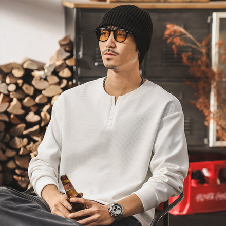 Мужская футболка в американском ретро-стиле,с длинным рукавом, воротник-стойка, модный бренд, повседневная свободная мужская футболка