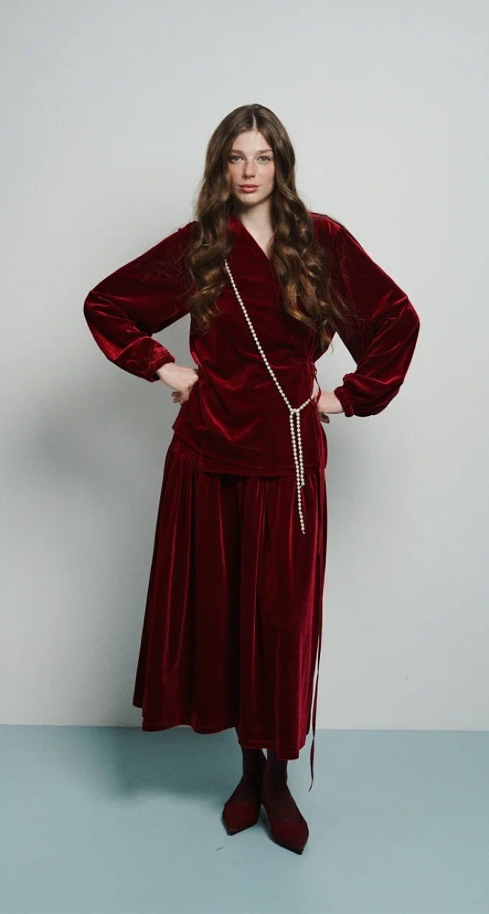 Юбка на кокетке из бархата, "Вишневый пунш"