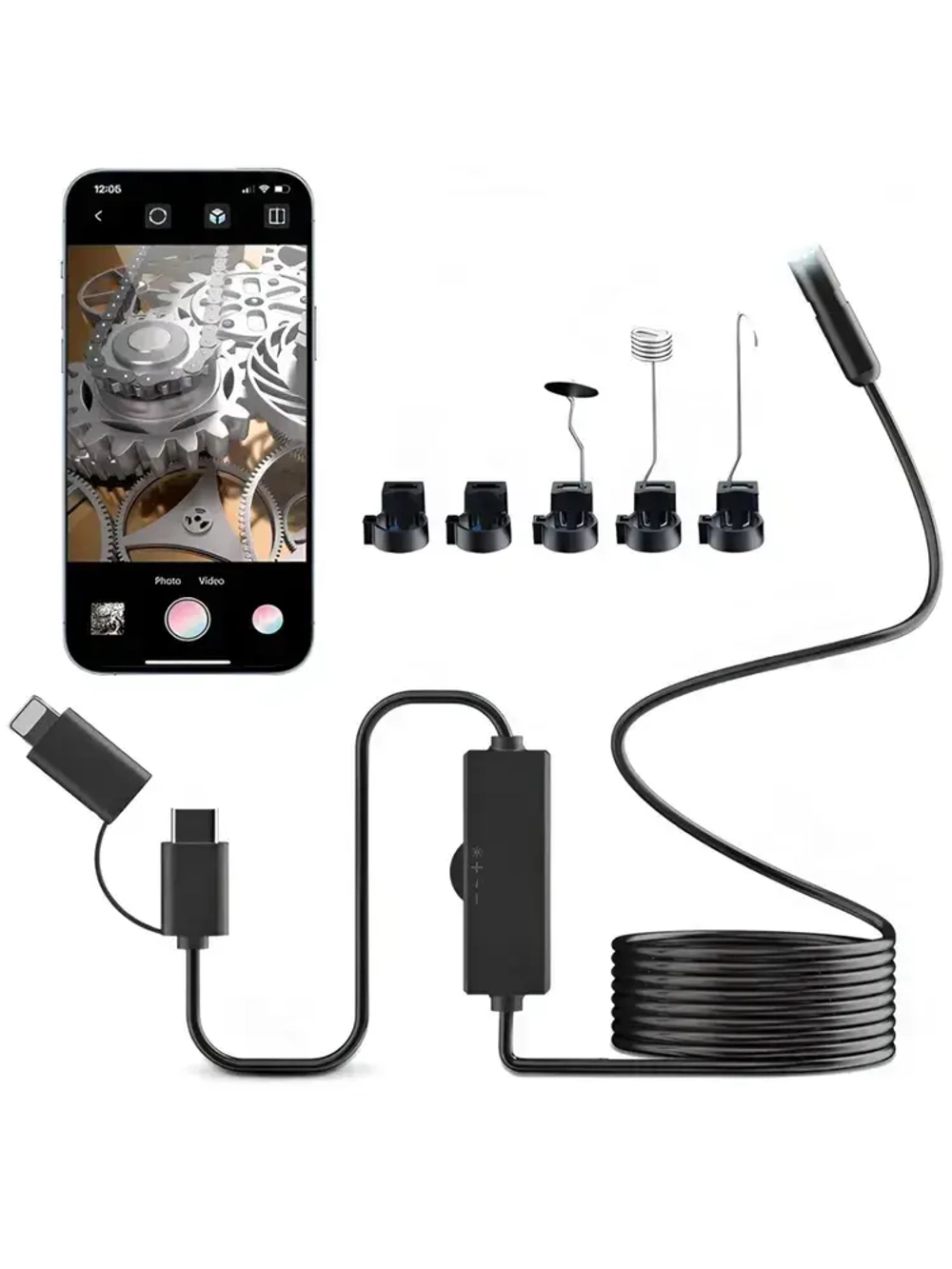 Эндоскоп для смартфона с подсветкой, 3МП, 5.5мм, водонепроницаемый, Android/iOS, 2 метра, жесткий