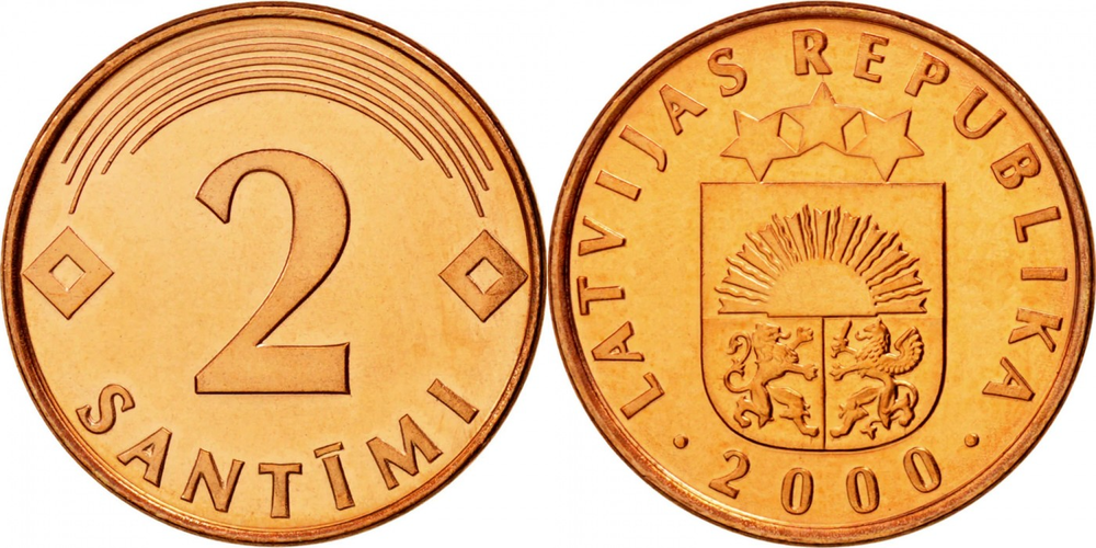 Латвия 2 сантима, 1992-2009 Герб XF