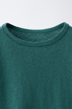 ZARA ФУТБОЛКА ИЗ ХЛОПКА И ЛЬНА, УТИНО-СИНИЙ