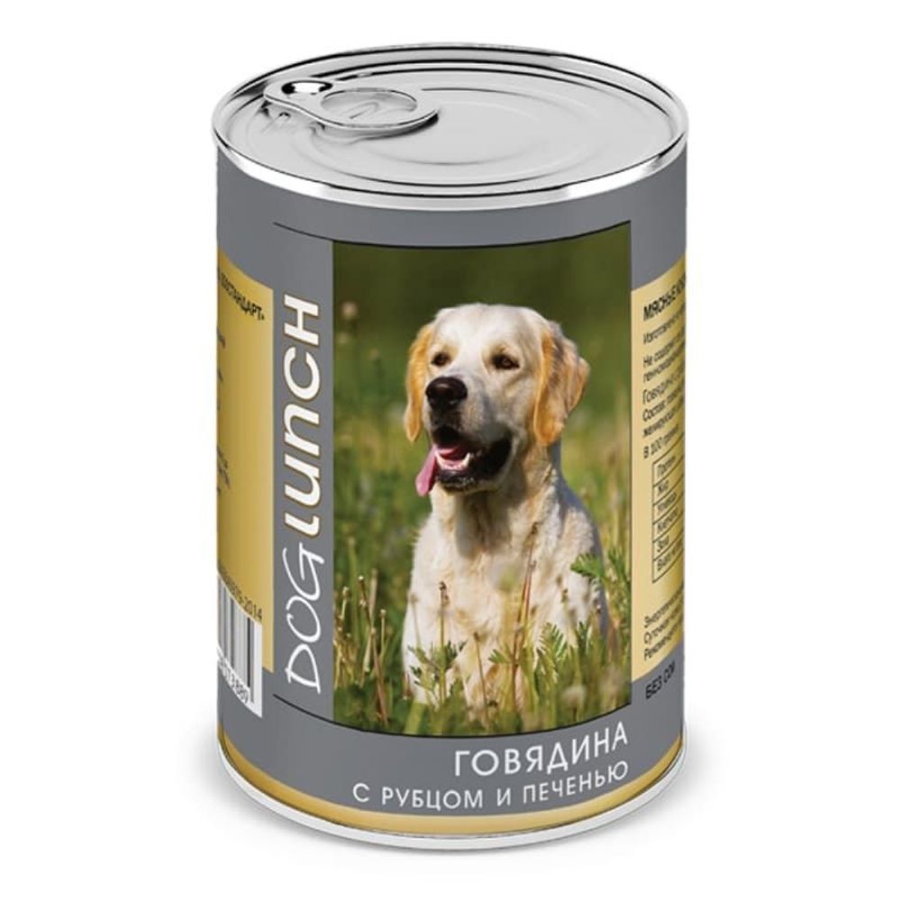Влажный корм DOG LUNCH для собак с говядиной, рубцом и печенью в желе, банка 410г
