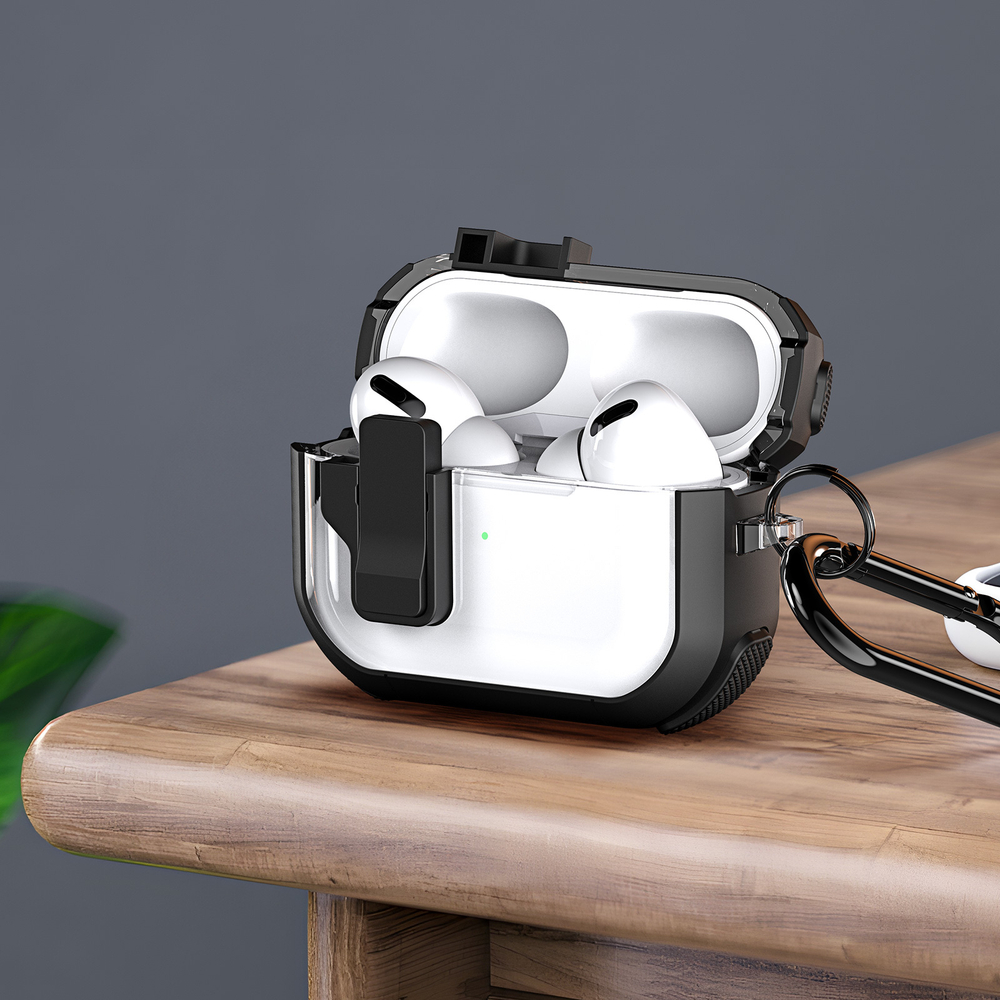 Прозрачный чехол черного цвета от Dux Ducis для наушников AirPods 4, серия PECN Series, в комплекте с карабином
