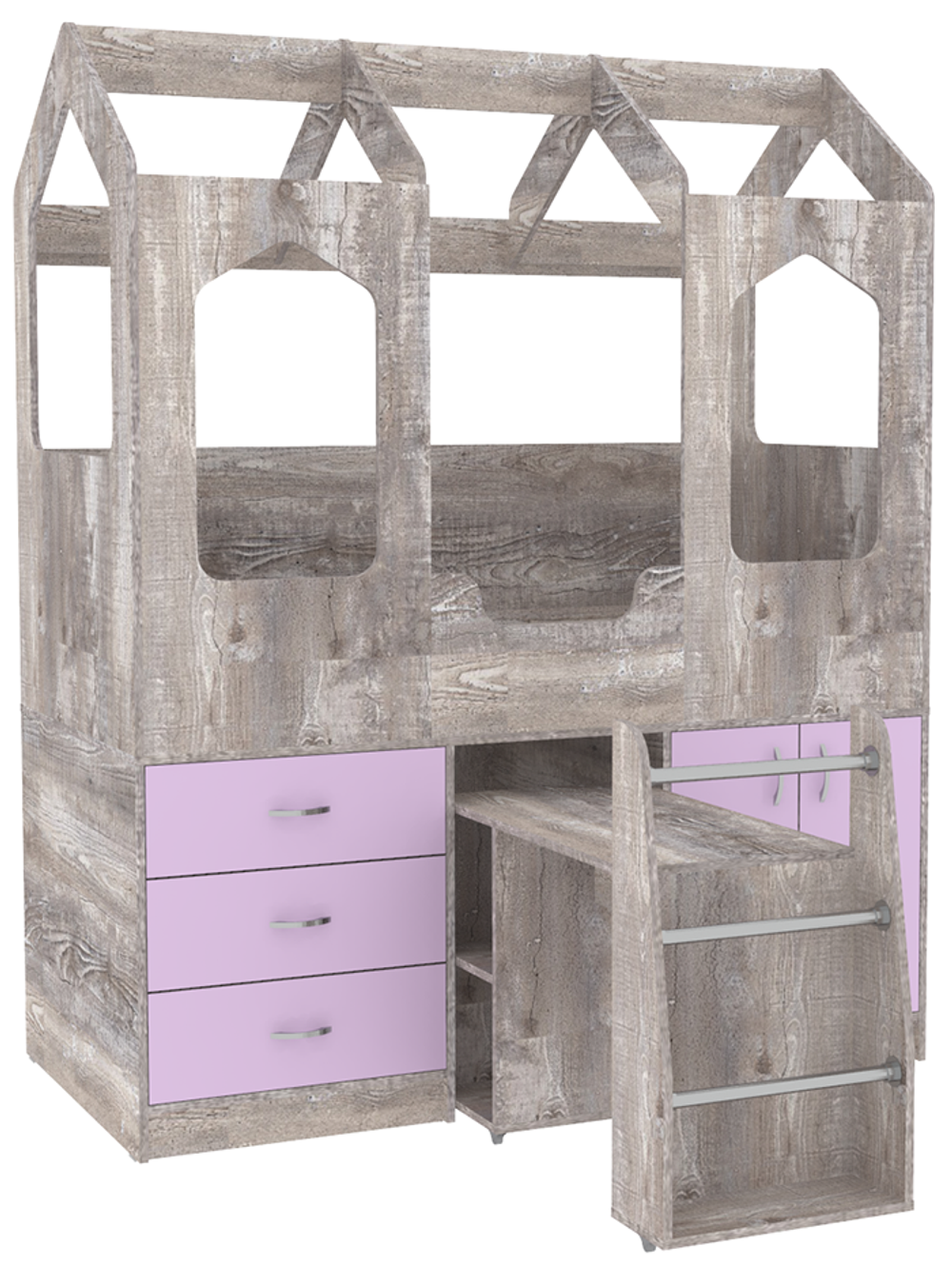 Кровать-чердак КарИВи Домик Сказка с выдвижным столом ДС-14 Бетон Ирис