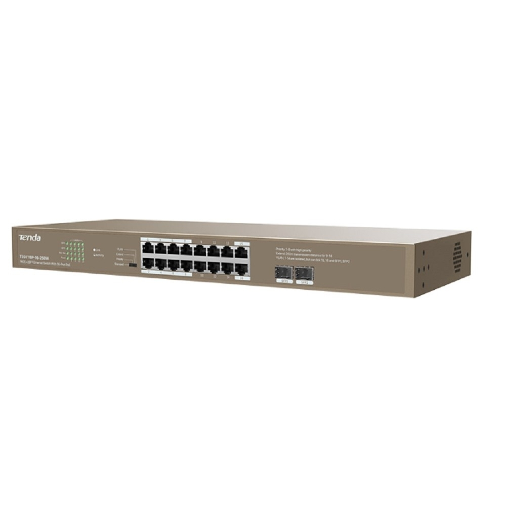 Коммутатор TENDA TEG1118P-16-250W Коммутатор в стойку 16-Ports 10 / 100 / 1000 Base-T + 2-Ports 1000 Base-X SFP ports 16-Ports PoE(PoE бюджет 230W)