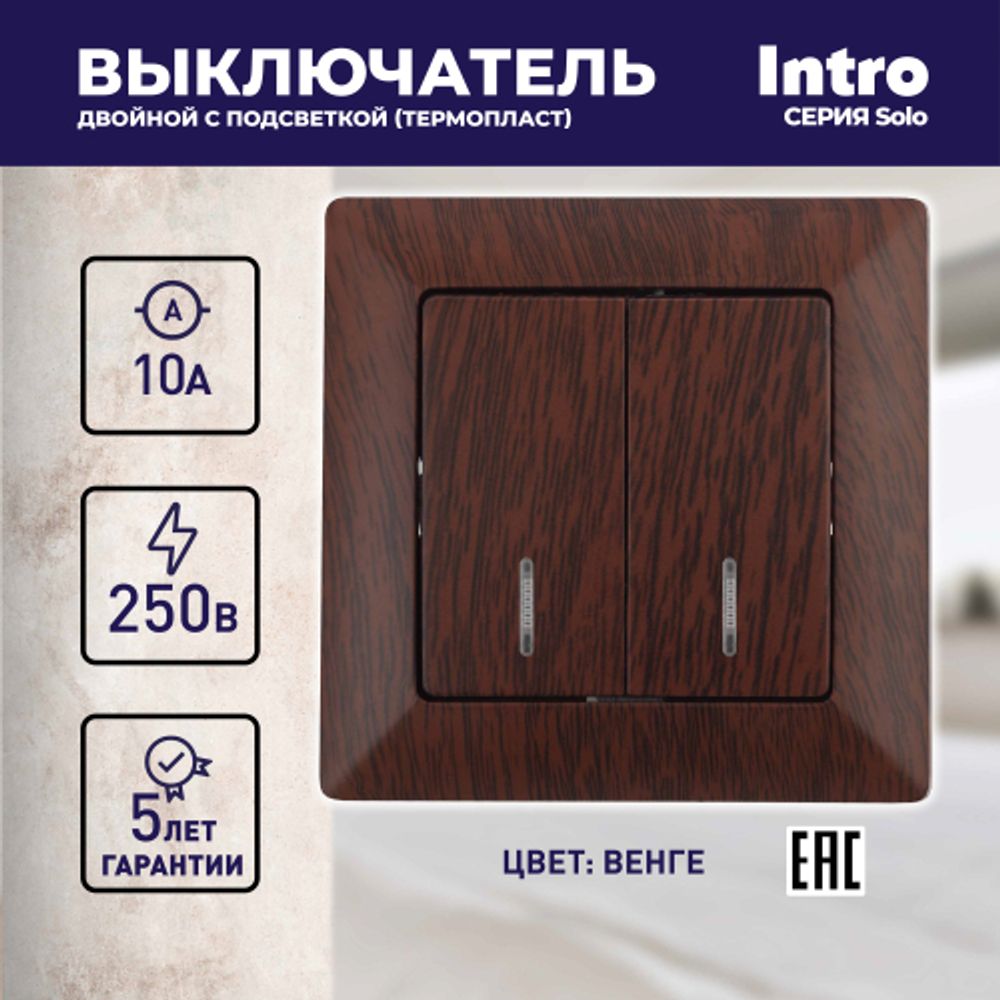 Выключатель Intro Solo 4-105-10 двухклавишный с подсветкой, 10А-250В, IP20, СУ, венге